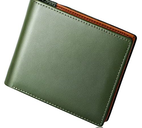 [Vulmoon] 財布 メンズ 2つ折り 本革 ナッパレザー コンパクト ボックス型小銭入れ RFID 一流の革職人が作る スキミング防止 二つ折り財布 大容量 (グリーン×ブラウン)