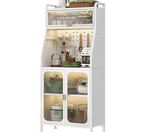 食器棚 家電収納 家電ラック キッチンラック ひとり暮らし用 軽量扉付き 5段 大容量 防塵 スライドドア 作業台 キッチン 電子レンジ ホワイト 幅66×奥行36×高さ161.5cm