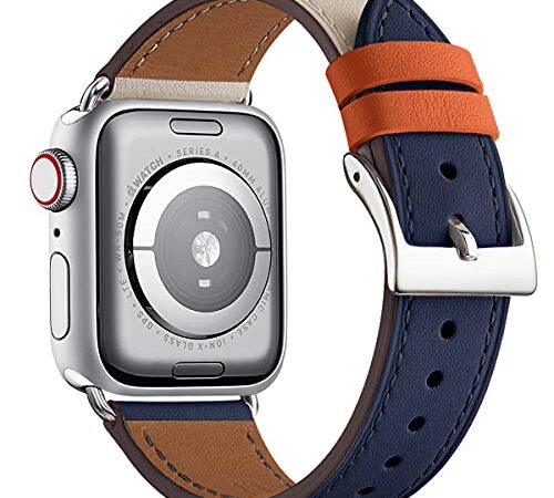 コンパチブル Apple Watch バンド 本革製 レザーを使い、iWatchSE、SeriesUltra/8/7/6/5/4/3/2/1、Sport、Edition向け・交換ストラップ アップルウォッチ バンド(42/44/45/49mm,ダークブルー・アイボリー/シルバーバックル)