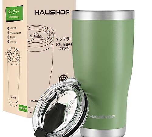 HAUSHOF タンブラー 真空断熱 ステンレス ふた付き 600ml 車用タンブラー コーヒーカップ 水筒 マグボトル ステンレスコップ コンビニマグ 保温保冷 車載用 アウトドア用 釣り 遠足登山 キャンプ バーベキュー 【オリーブグリーン】