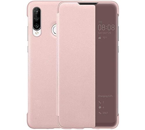 Huawei P30 Lite ケース手帳型 Smart View Flip Cover, HiChilli スタンド機能 高級PU レザー Huawei P30 Lite 財布型 透明ケースQi充電対応(ワイヤレス充電対応) 横置き機能 耐衝撃 すり傷防止全面保護Huawei P30 Liteケース,ピンク