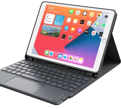 iPad 9世代 キーボード iPad 8世代 キーボード ケース タッチパッド付き ipad 10.2 キーボード ケースiPad7世代キーボード[2021/2020/2019モデル] Bluetooth キーボードカバー 脱着式 多角度調整 傷つけ防止 耐久性 [ペンシルホルダー付き] 最新型スマート ケースキーボード 丸いキー可愛いキー マグネット付きワイヤレスアイパッド10.2インチキーボード[ iPad 10.2/iPad Air3/Pro 10.5（2017）兼用] ブラック