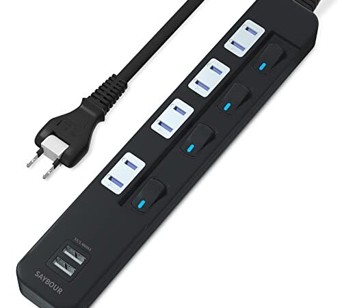 SAYBOUR タップ電源タップ 3.4A USB 付き PSE認証済 雷ガード 省エネ 個別スイッチ 4+2(AC差し込み口 +USBポート) (1m, ブラック)