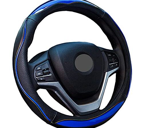 ZATOOTO ハンドルカバー 軽自動車 sサイズ ステアリングカバー 握り感 スポーティー レインボーステッチ オシャレ ブルー 124Ｌ