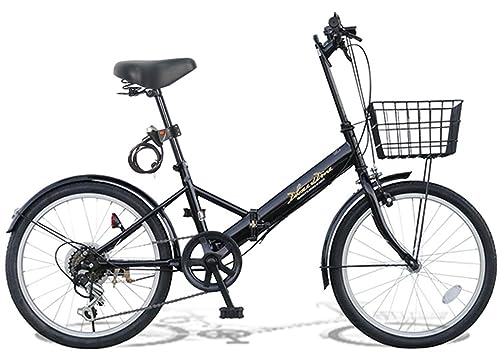 20インチ 折りたたみ自転車 AJ-08N ミニベロ シマノ6段ギア カゴ･ワイヤー錠･ライト付 (ブラック)