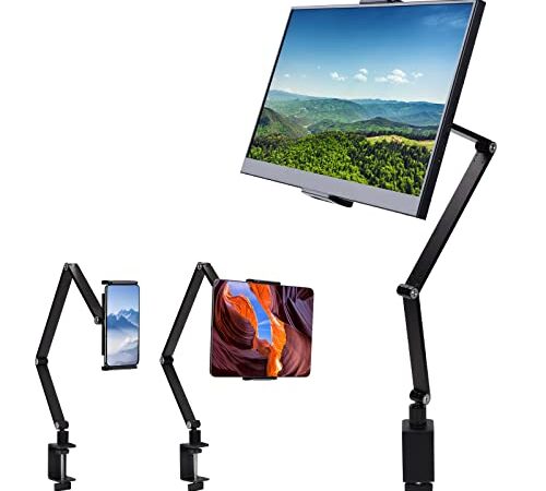 2023最新 タブレットスタンド スマホ アーム スタンド 13.3/15.6/17.3インチ モバイルモニタースタンド アーム iPad用スタンド 折り畳み式 強化アルミ製 耐荷重1.5kg 両用 横/縱き 寝ながら 卓上スタンド 角度調整できる アルミ製クランプ式 3段階調整 360度回転 高さ調節120mm-255mm対応 iPad/iPhone/iPad mini/Kindle/Switchに対応