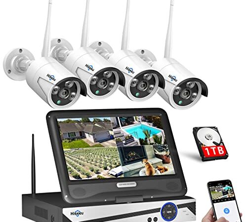 【500万画素】ワイヤレス防犯カメラセット Hiseeu 屋外セキュリティカメラ 10.1インチ NVR 8チャンネルまで増設可 カメラ4台 500万画素カメラ 遠隔監視 防水等級ip66 動態検知 屋内/屋外 防犯カメラ (500万画素カメラ4台＋10チャンネル500万画素の録画機＋1TB HDD)