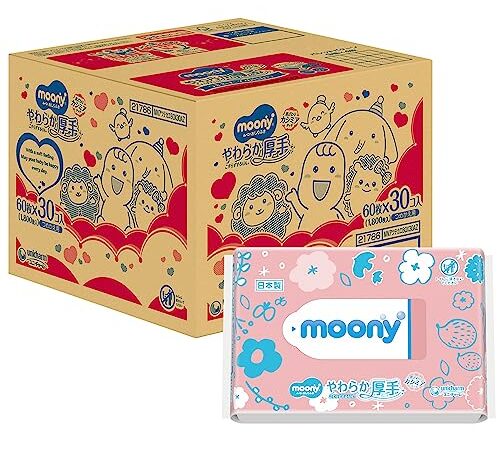【おしりふき】ムーニー おしりふき やわらか厚手素材 純水99% 詰替 1800枚(60枚入×30)無添加(アルコール・香料・パラベン不使用)日本製 [ケース品]【Amazon.co.jp限定】