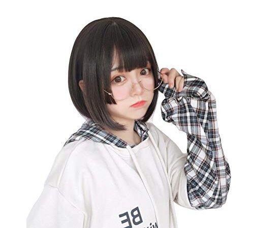 FESHFEN ウィッグ ボブ ショート 姫カット フルウィッグ かつら 姫髪 レディーズ ストレート 自然 ハロウィン 小顔 原宿系 ロリータ ぱっつん前髪 日常 耐熱 66828A 黒