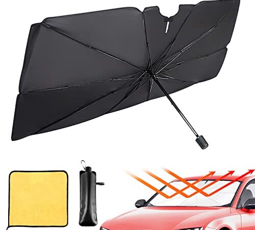 RUYI サンシェード 車 サンシェード 2023年改良 車用サンシェード 傘型 車用パラソル 遮光 遮熱 取付簡単 車中泊 UVカット 紫外線カット プライバシー保護 チタン断熱素材採用 暑さ対策 収納便利 収納ポーチ付き ルームミラー位置開け式 (S 約120x65cm)