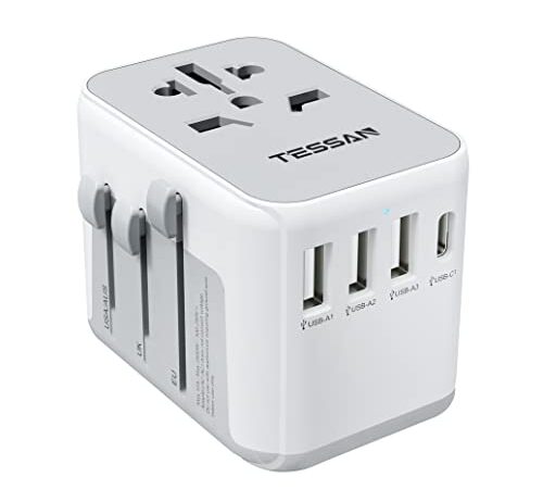 海外変換プラグ コンセント変換プラグ TESSAN海外旅行用電源変換プラグ 全世界対応 電源変換ACアダプター マルチ変換プラグ C/BF/O/Aタイプ 3つUSB-Aと１つUSB-Cポート付き ヨーロッパ/韓国/イギリス/アメリカ/オーストラリア/中国などの国に対応 海外用コンセント