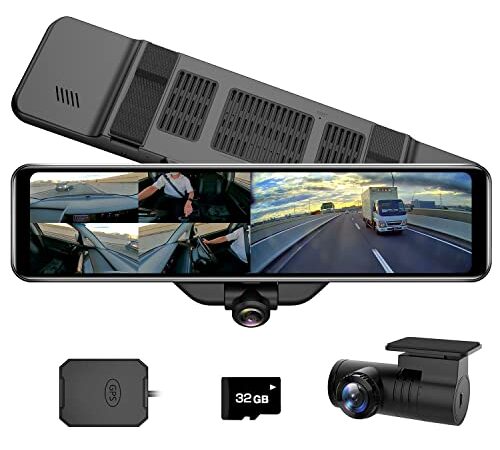 AKEEYO 360°カメラ 全方位録画 ドライブレコーダー ミラー型 12インチ 前後カメラ 水平360度 垂直220度 超広角 前1920P後1080P ミラー 長方形タイプ ドラレコ GPS搭載 音声録音 STARVIS タッチパネル HDR搭載 Gセンサー 衝撃感知 駐車監視 エンジン連動 常時録画 リバース連動 地デジ干渉対策 東西日本信号機対応 32GB MicroSDカード同梱 日本語説明書 AKY-V360ST-2CAM