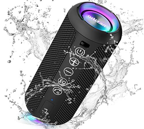Ortizan Bluetooth スピーカー 防水IPX7でワイヤレス 30時間連続再生 24W出力ぶるーとぅーすすぴーかー ステレオのポータブルブルートゥーススピーカー マイク内蔵/2台ペアリング/TFカード対応 お風呂 スマホ PC 車用 (ブラック)