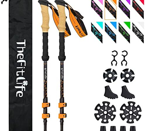 TheFitLife トレッキングポール カーボン 2本セット 軽量200g バランスを保つ 登山用ストック コルク素材グリップ ウォーキングポール 63-135cm伸縮 登山杖 手が疲れない ウォーキングステッキ キャップ脱落防止 ハイキングポール (オレンジ)