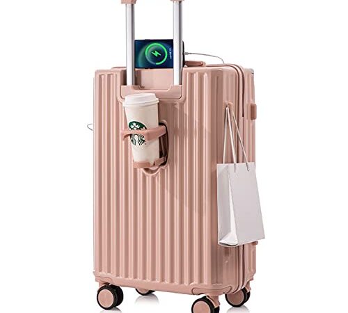 [Manatsulife] キャリーケース スーツケース 旅行 出張 耐衝撃 カップホルダー付き USBポート付 360度回転 ロック付 静音 超軽量 ビジネス おしゃれ XB966. (S(機内持込,34L), ピンク)