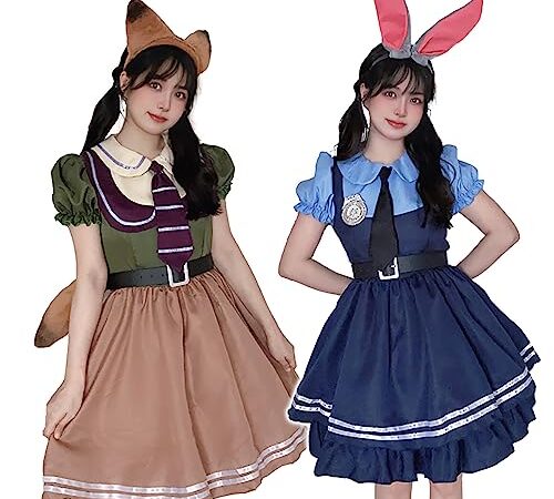 [MEYOIJK] ハロウィン コスプレ 可愛い ウサギ警察 キツネ詐欺師 ポリス コスプレ衣装 ロリータ ワンピース レディース 5点セット アニメ 動物大都会cosplay ネクタイ うさ耳 キツネ 耳 しっぽ カチューシャ 大人用 警察官 婦警 イベント コスチューム 仮装 (S, ウサギ警察)