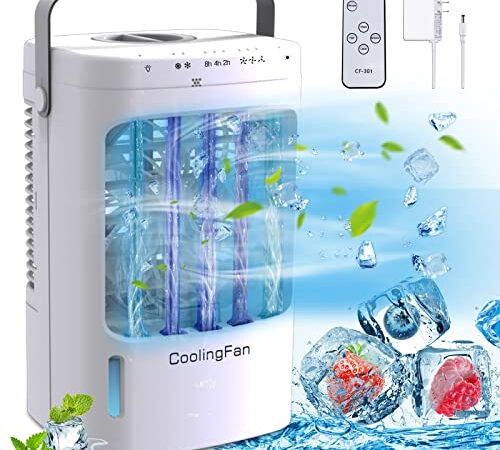 SUNPUPA 【2023年夏新版】冷風機 冷風扇 3段階風力調節 冷風/自然風モード3階段調節 7色LEDライト タイマー 冷風扇風機 ミニクーラー 卓上 氷入れ可 1500ml容量水タンク 軽量 上下角度調整 送風 加湿 空気清浄 熱中症対策 省エネ ミニ冷風機 スポットエアコン スポットクーラー リモコン 専用ACアダプター付き 日本語説明書 (ホワイト)