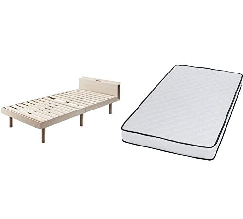 アイリスプラザ ベッド すのこベッド 棚付き コンセント付き 高さ調整 ホワイト シングル TKSB-S & マットレス ポケットコイル 極厚20cm コイル495個 通気性 高耐久性 柔らかなウレタンクッション 体圧分散 圧縮梱包 ホワイトブラック シングル PKMTN-S【セット買い】