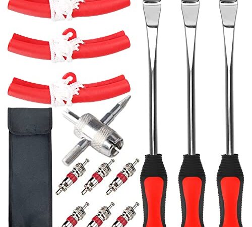 タイヤレバー 全長37.5CM レバー3本 メッキ加工 バイク 自転車 タイヤ ホイール 交換 脱着 専用工具 タイヤ修理ツールキット 収納袋付き