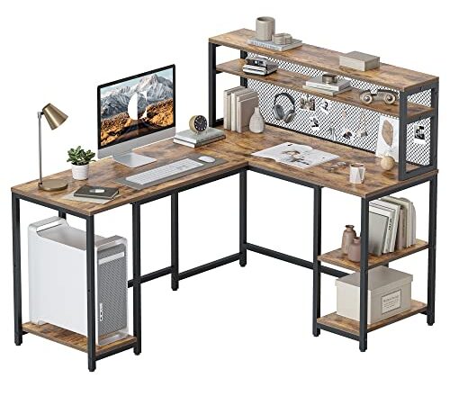 CubiCubi L字デスク 幅150cm 奥行き121cm パソコンデスク オフィス 勉強 作業 学習机コーナーデスク ラック シェルフ付き アイアンメッシュ pcワゴン 収納便利 ワークステーション 在宅勤務 テレワーク ディープブラウン