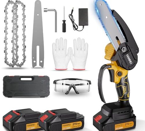 HANMEI チェーンソー 充電式  21V 3.0Ah大容量バッテリー2個搭載 電動チェーンー 6インチ チェンソー 2セットチェーン 電動ノコギリ 軽量 強力 片手 保護バッフル 安全ロック 木工切断、薪作り、園芸設備、枝切り、庭木の剪定、竹の伐採等 日本語取扱説明書付き