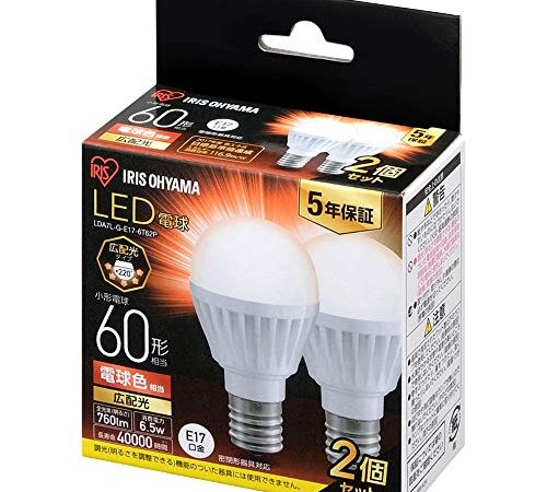 アイリスオーヤマ LED電球 口金直径17mm 広配光 60W形相当 電球色 2個パック 760㏐ 密閉器具対応 LDA7L-G-E17-6T62P