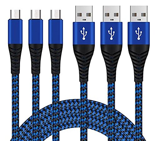 Micro USBケーブル 3A 急速充電 【3本セット 2m+2m+2m】高速データ転送 高耐久編組ナイロンケーブル アンドロイド マイクロusbケーブル Android micro usb 適用 機器対応 青 (青黒2m+2m+2m)