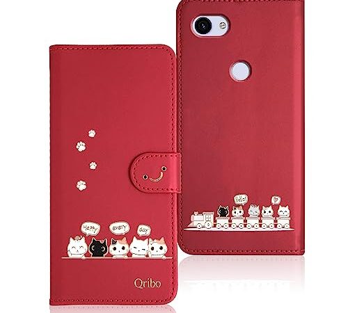 Qribo Google Pixel 3a ケース 手帳型 ピクセル3a ケース 手帳型 Pixel3a ケース シンプルなのに可愛いデザイン エンボス加工猫柄 うれしい気持ち 5.6インチ対応 グーグルピクセル3aケース ピクセル3aカバー Google 3a スマホケース 薄型 防水 の耐久性 滑り防止 美しい 贈り物 友達 - 赤