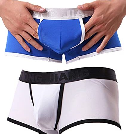 [ミラクルート] 通気性 ２色セット リング 穴開き ポケット メンズ ボクサー ブリーフ パンツ 下着 ショーツ もっこり メッシュ 蒸れない シースルー セクシー エロ 露出 ぞうさん コックリング ゲイ 彼氏 水着 エッチ クリスマス プレゼント GAY デート ジム インナー (ホワイト／ブルー, XL)