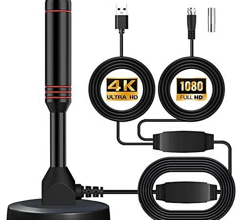 Veeiid 室内アンテナ【2023年強化版】4K HD TV テレビアンテナ 430KM 受信範囲 360度全方位受信 デジタル 高性能 高感度 設置簡単 USB式 薄型&小型軽量 車載 磁力固定 ブースター内蔵 信号ブースター付き 全種類 UHF VHF 対応 (ブラック)