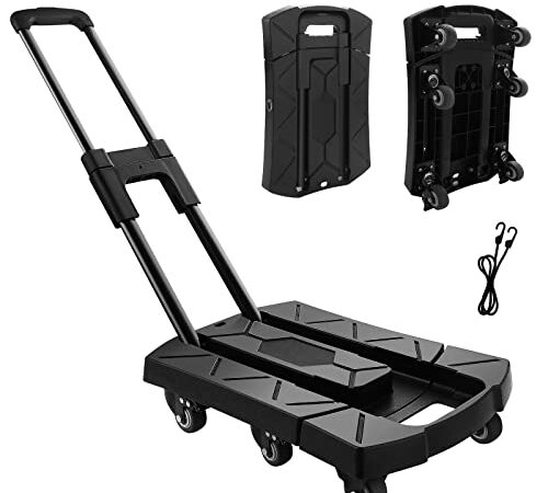 Vtuesxn 台車 折りたたみ 軽量 静音台車 耐荷重200KG(32×45cm) 伸縮荷台 6キャスター 3段調節 平台車 コンパクト ブラック 手押し ストッパー付き キャリーカート ミニ台車 ハンドル 運びに便利 女性も向き 家庭・業務用 防災・避難用品ー日本語取扱書付(ハンドル90°固定られ)