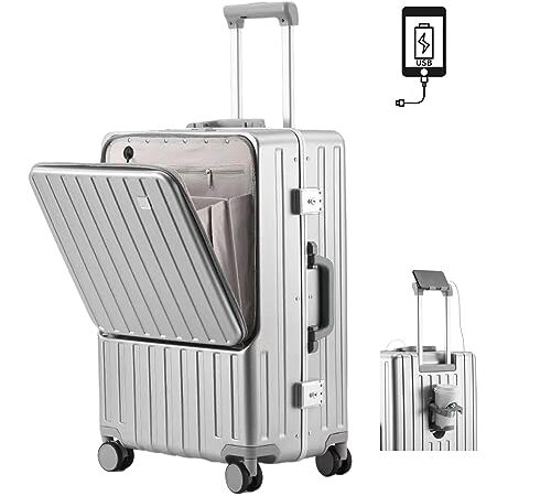 Yuweijie スーツケース フロントオープン 機内持ち込み キャリーケース usbポート付き トロリースーツケース キャリーバッグ カップホルダー付き アルミフレームタイプ ハード 前開き 荷物フック 携帯電話ホルダー/充電機能/トップオープン/tsaロック付き カバー付き 頑丈タイヤ 海外旅行出張 修学 1泊、2泊、3泊 sサイズ 40リットル シルバー