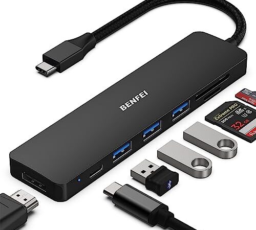BENFEI USB C ハブ 7in1、USB C ハブ マルチポート アダプター、USB-C - HDMI 4K@30Hz、USB-C - SD/TF カードリーダー/3*USB 3.0/ PD 60W 充電 パワーデリバリー Thunderbolt 3/4 iPhone 15 Pro/Max, MacBook Pro/Air 2023, iPad Pro, iMac, XPS などに対応-黒