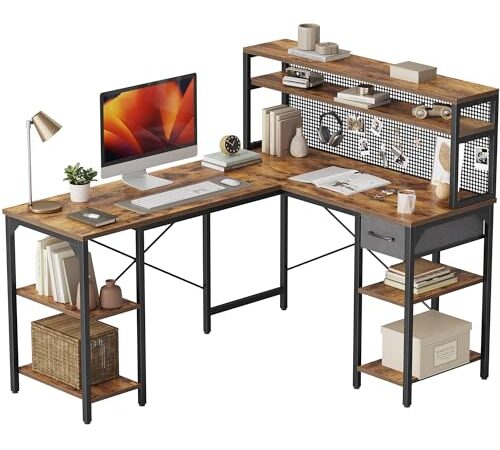 CubiCubi L字デスク 幅150cm 奥行き121cm パソコンデスク オフィス 勉強 作業 学習机コーナーデスク ラック シェルフ付き アイアンメッシュ pcワゴン 収納便利 ワークステーション 在宅勤務 テレワーク ディープブラウン