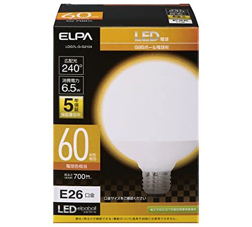 エルパ (ELPA) LED電球 ボール球形 G95 (口金E26 / 60W形 / 電球色) 5年保証 / (LDG7L-G-G2104)