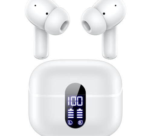 【業界新開発 ワイヤレスイヤホン 】 2024年 Bluetooth イヤホン ブルートゥースイヤホン ぶるーとーすイヤホン イヤフォン Bluetooth5.3+EDR搭載 瞬間接続 48時間再生 急速充電 ENCノイズキャンセリング ハンズフリー通話 数字ディスプレイ表示 タッチ式 初心者向け 会議 テレワーク（ホワイト）